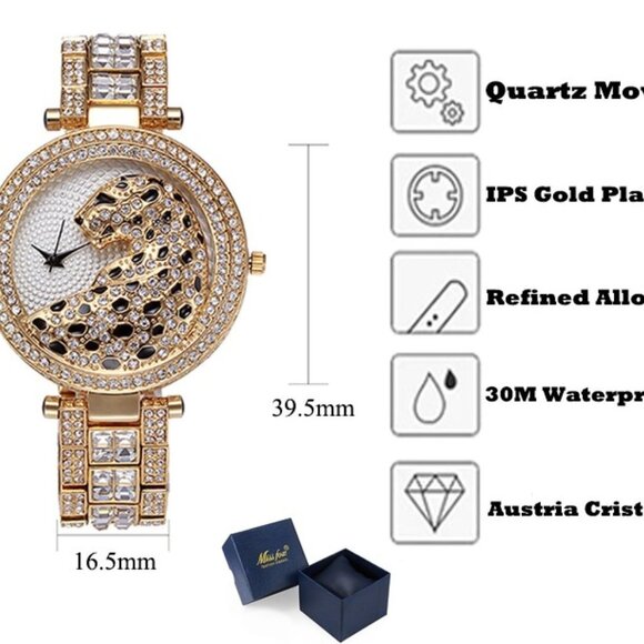 Two Tone Gold & CZ Diamond Leopard BLING Watch main image 10